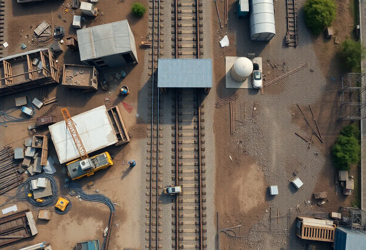 Aerial view of a railway construction site with visible delays.