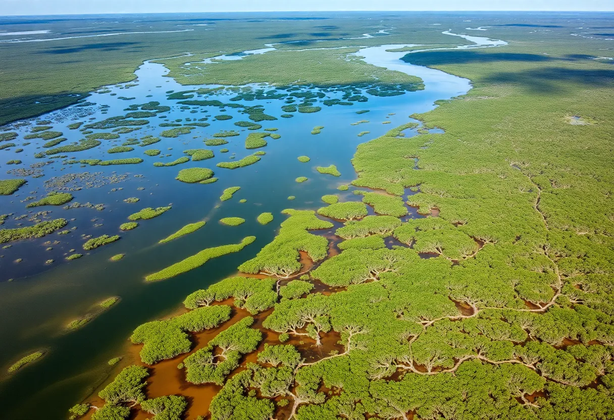 Aerial view of Everglades wetlands and construction areas for the EAA Reservoir.