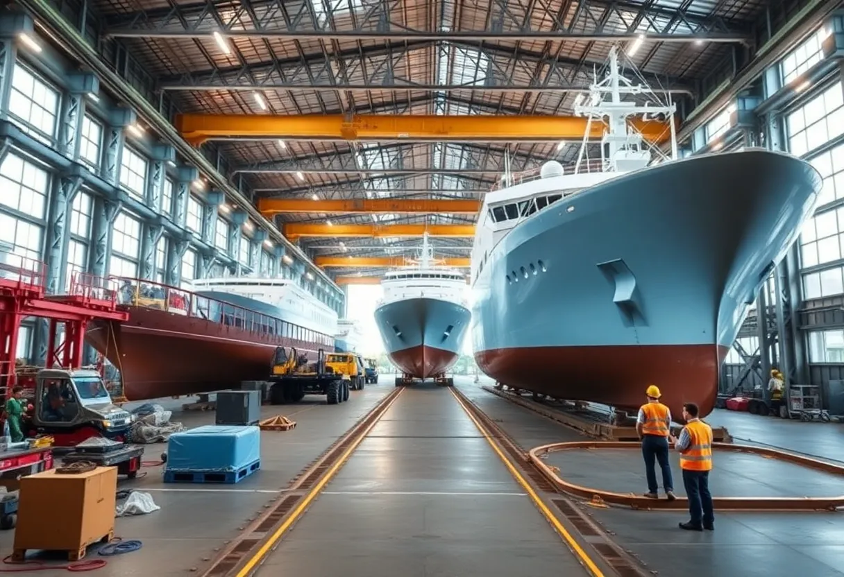 A shipyard featuring advanced shipbuilding technology and workers engaged in ship construction.