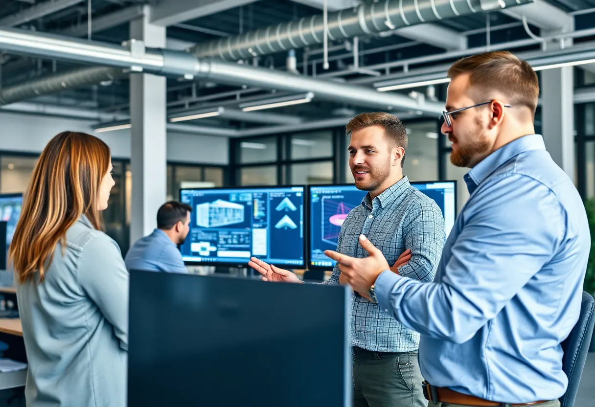 Engineers collaborating in an office with advanced software tools
