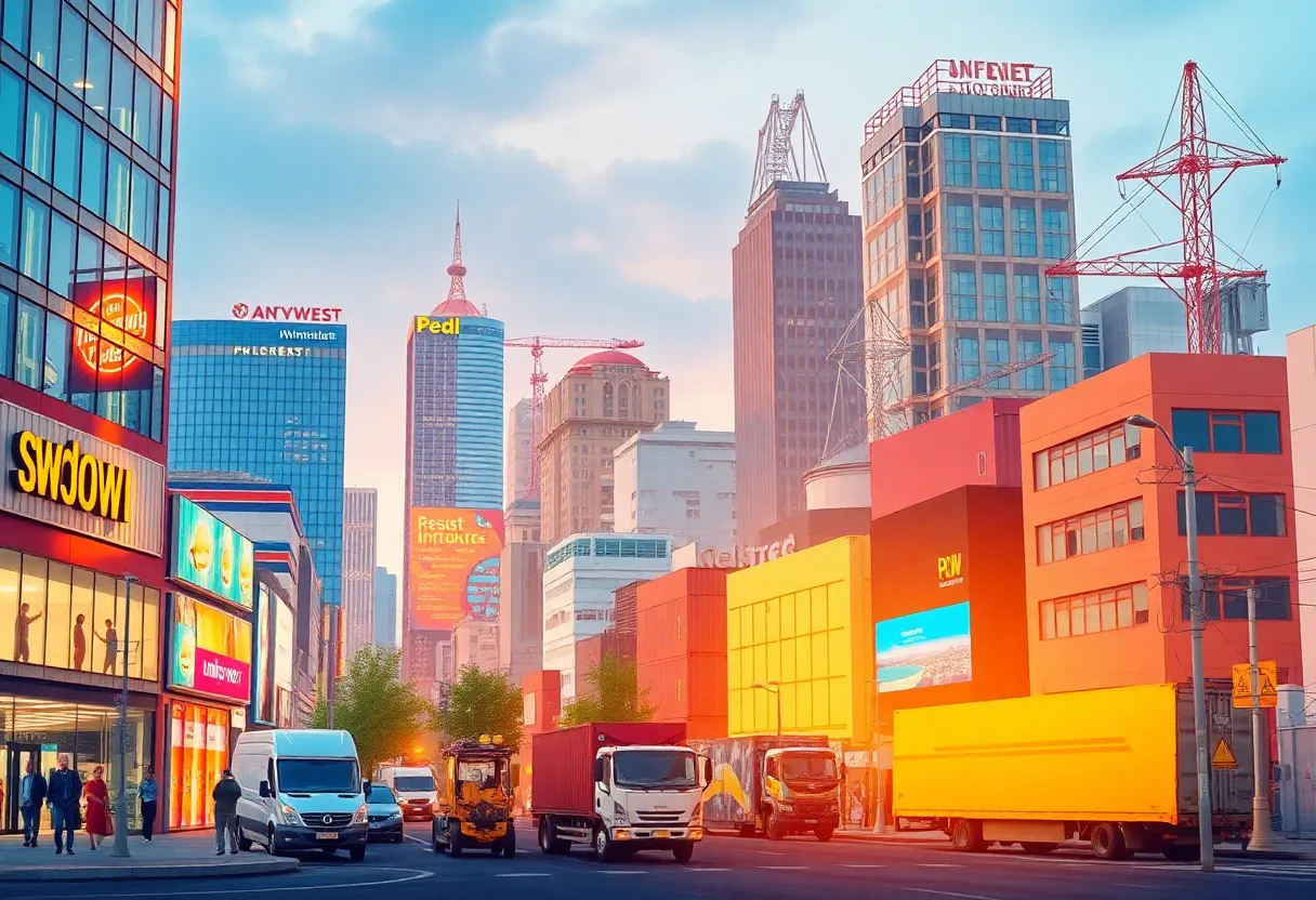 Illustration of a bustling city with various service industry activities showcasing recovery.