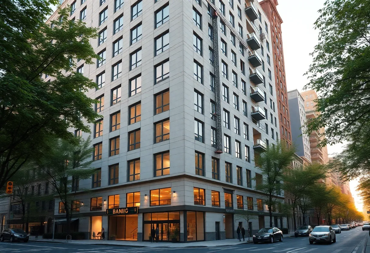 Rendering of an 18-story luxury condominium at 171 E. 86th St. with ground-floor retail and construction elements on an Upper East Side street