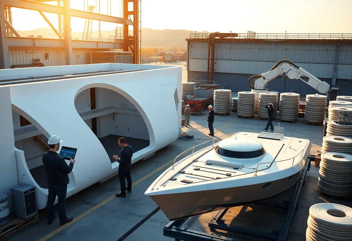 Large-format 3D printer printing curved villa walls beside a printed boat hull and robotic arm in an industrial yard