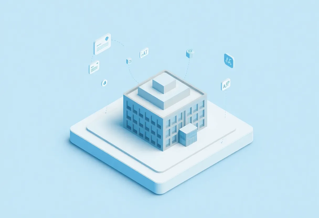 Cloud interface displaying a 3D building model with external metadata tags, content catalog panel, and API integration indicators