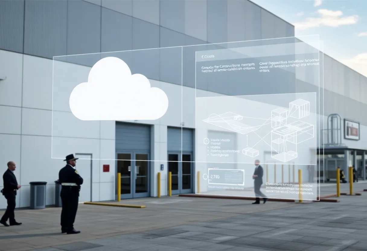 Exterior of a cleanroom facility with silhouetted protesters outside and a translucent overlay of a cloud-based construction software interface and 3D model.