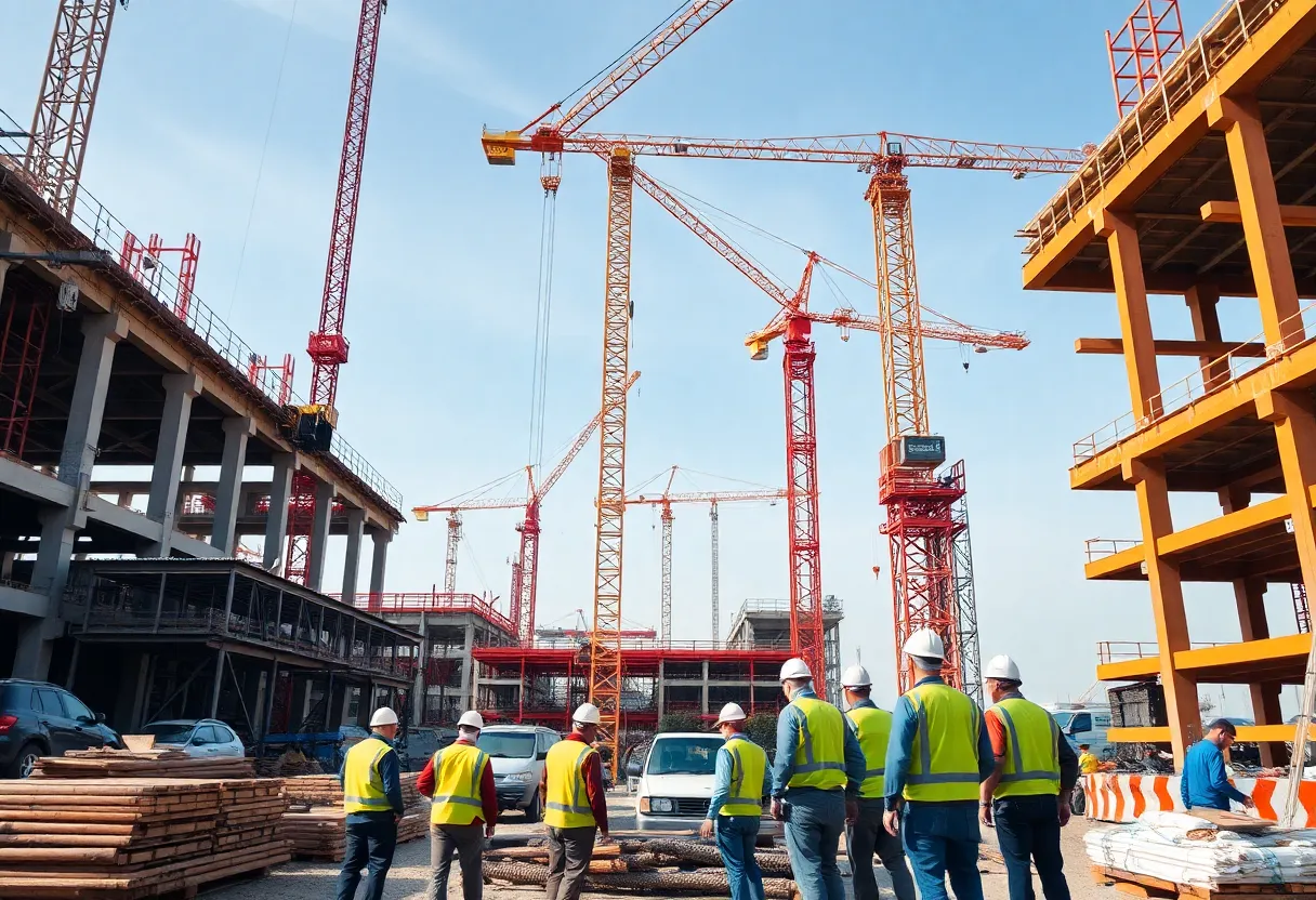 Construction site with workers and machinery