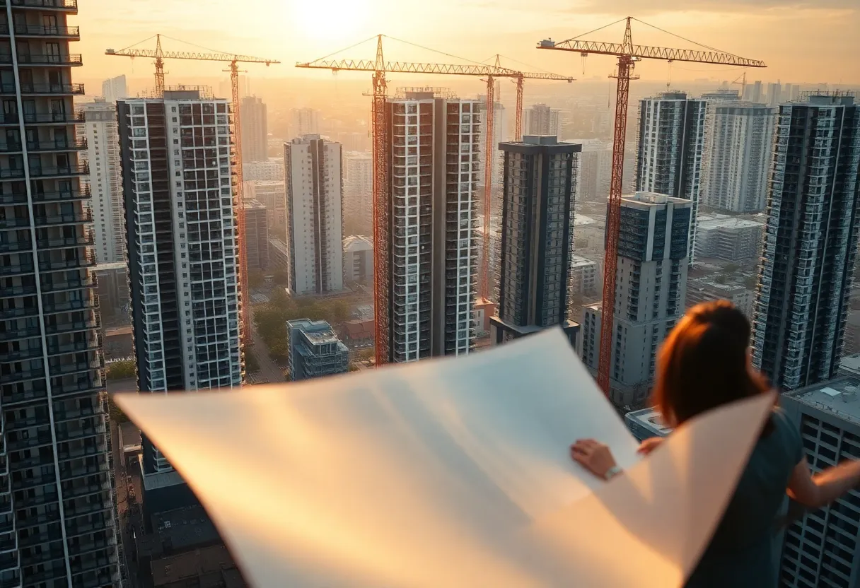Apartment buildings and construction cranes representing institutional lending and apartment loans expansion