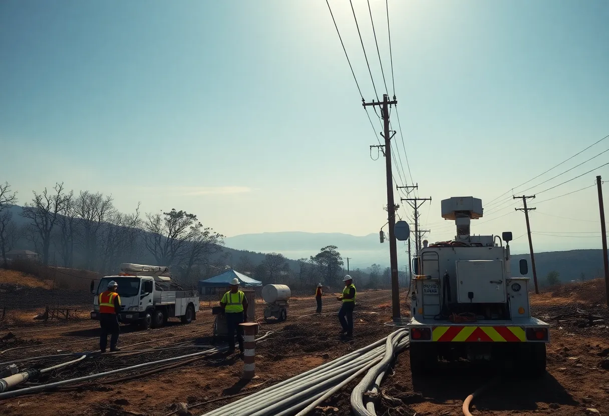 Utility crews restoring power lines and installing underground conduit in a fire-damaged California landscape
