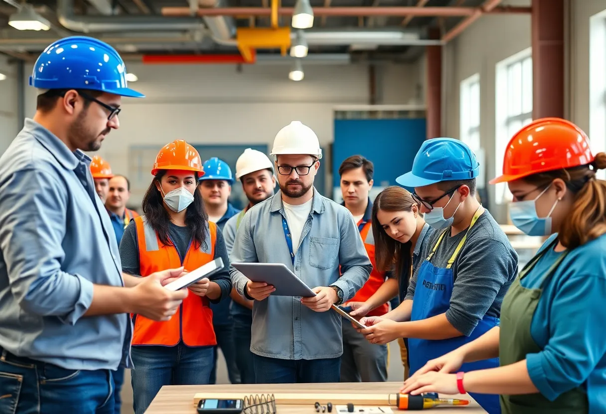 A diverse group of people participating in vocational training activities across different sectors.