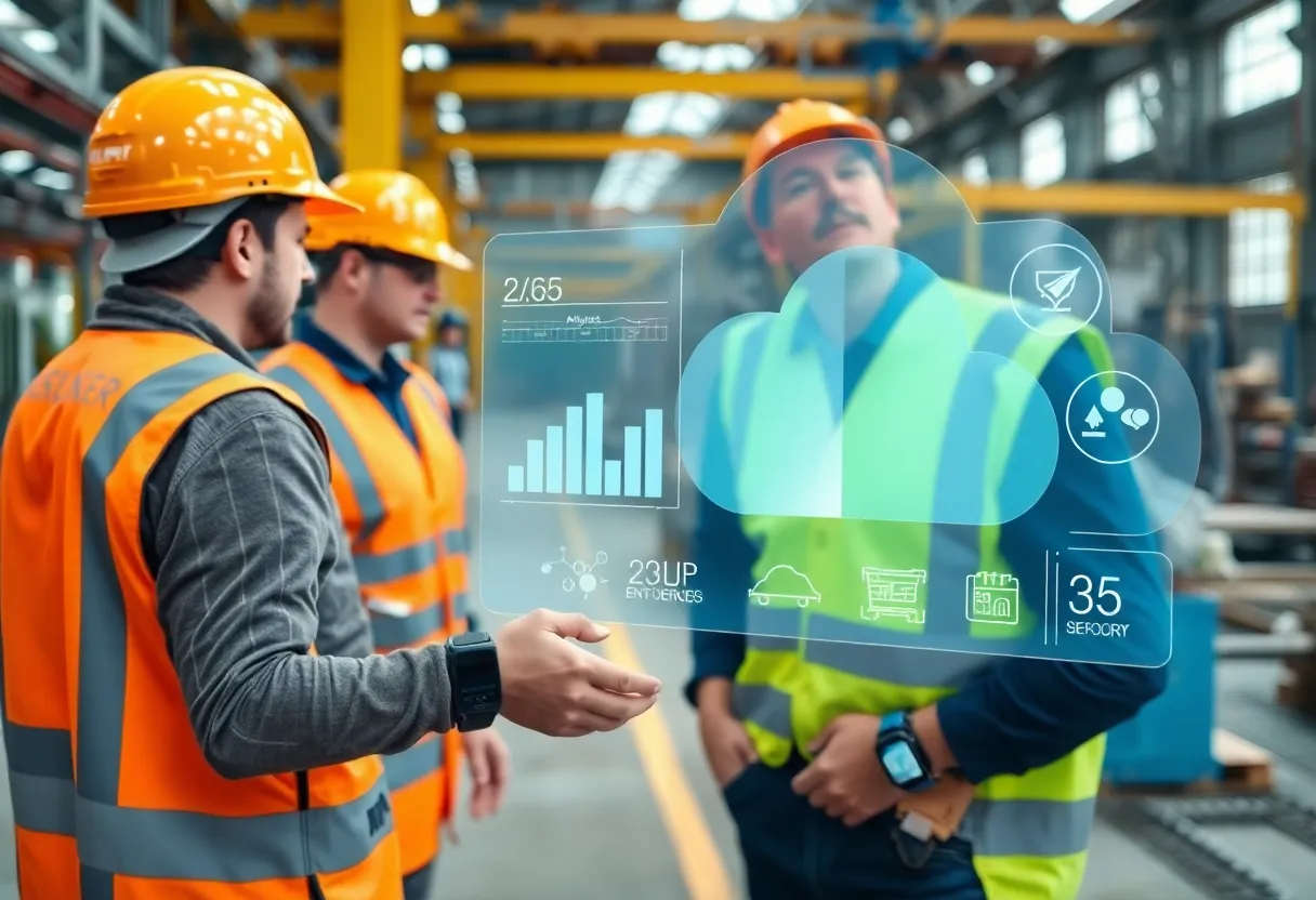 Workers wearing wrist-worn safety devices with cloud analytics overlay in industrial setting