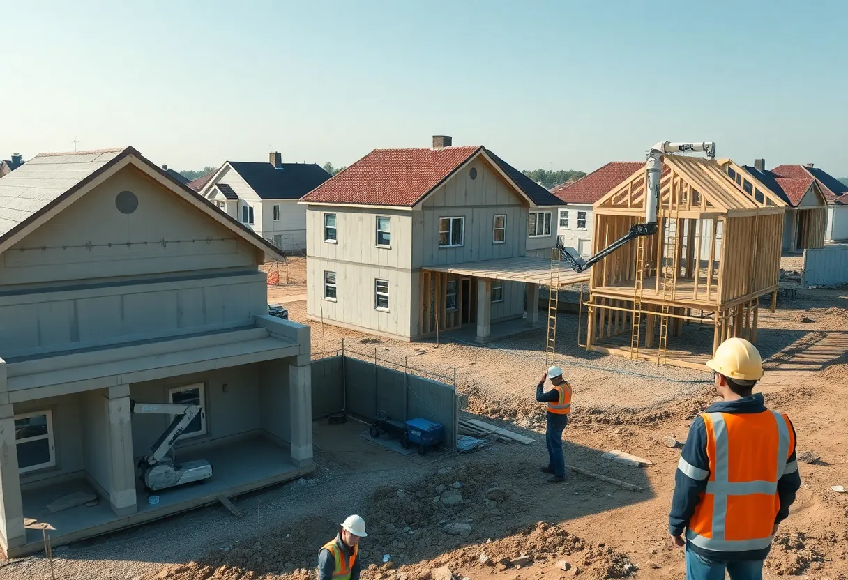 Construction site in southeast Houston with robotic extruder printing layered concrete first-floor walls and panelized second-story framing