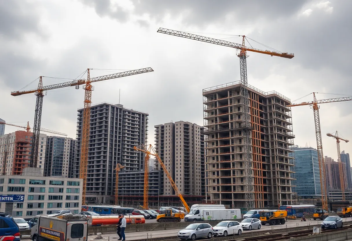 Construction workers on a site with cranes and unfinished buildings.